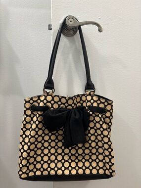 Black and Cream Polka Dot Tote Bag with Bow Accent